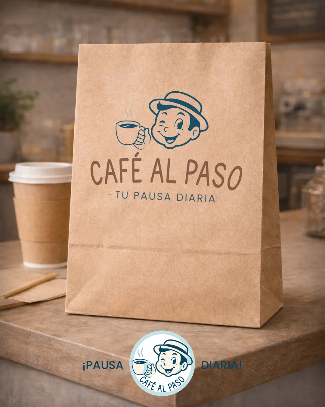 Mockup de Local y Packaging Café al Paso